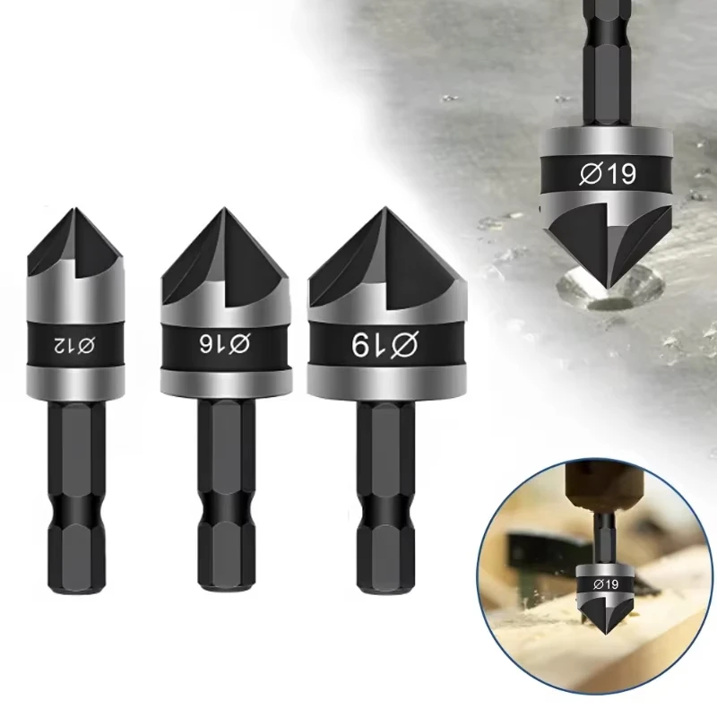 Chamfer 90° Woodworking Chamfer Counter Sink Chamfering Debur Countersink Tool Set SenNan 3pcs 1/4 Inch Hex Shank Drill Bit