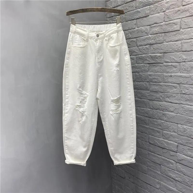 

Simple Casual Versatile New Summer Solid Color Distressed Women's High Waisted Fashion Loose Pocket Denim 9-point Harem Pants