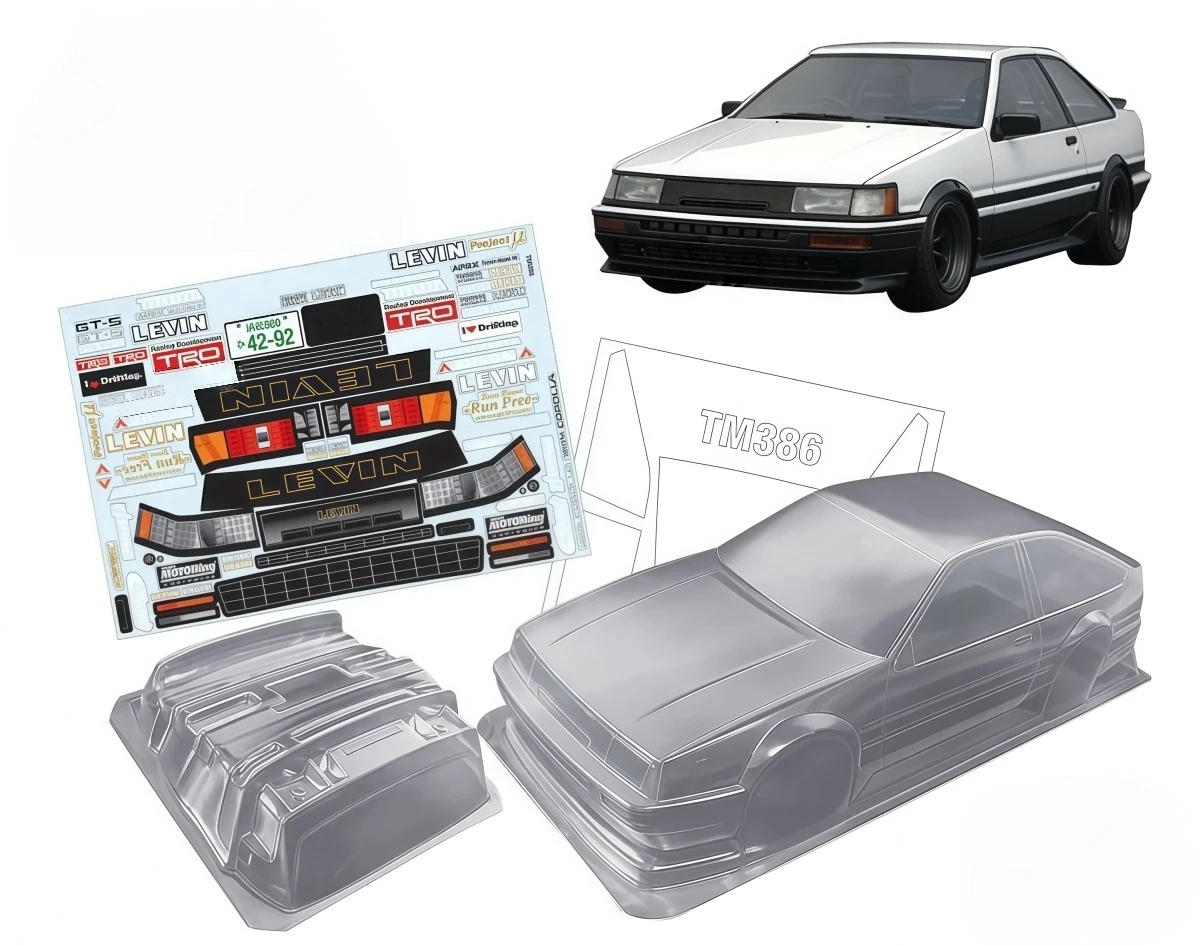 TM386 1/12 AE86 Clear PC M‑Chassis Body Shell 225mm Wheelbase 165mm Width With Light Buckets + Rear Wing and Decals