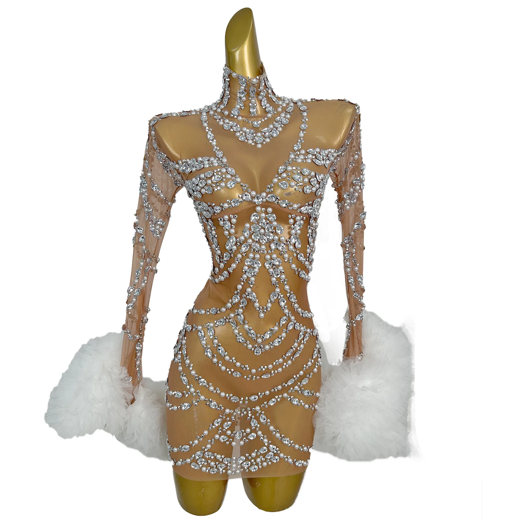 Elegancka sukienka Maozhua dla kobiet, biała, z siateczki, z puszystymi rękawami, błyszcząca, z dżetami i perłami, przezroczysta spódnica z siateczki, sukienka do tańca w stylu gwiazd.