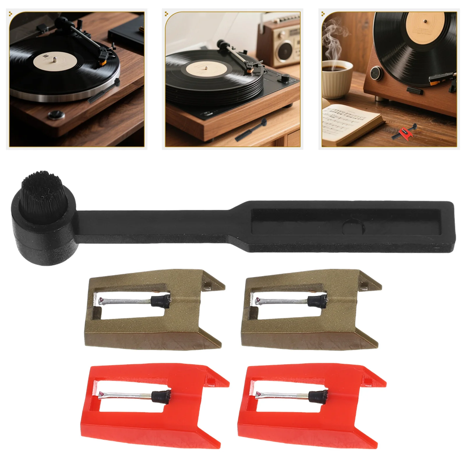 

1Set Turntable Stylus Needles Replacement Cleaning Brush for Vinyl Record Player Enhance Audio Clarity Rich Sound Gold Red