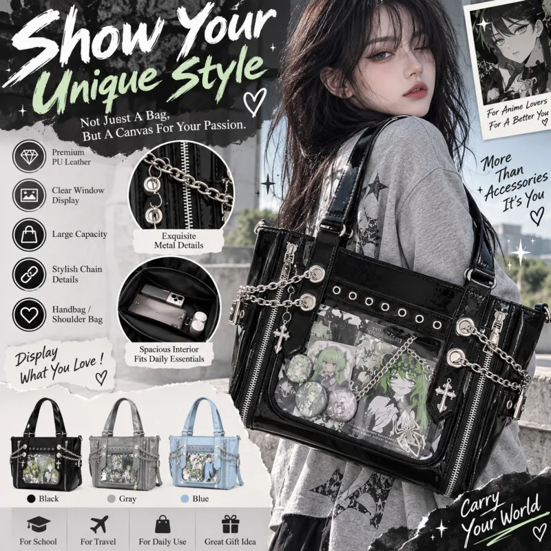 Y2K Aesthetic Itabag Silver Denim Itabag With Chain Shoulder Handbag Clear Window For Anime Badge Display, Cute Girl Fashion Bag