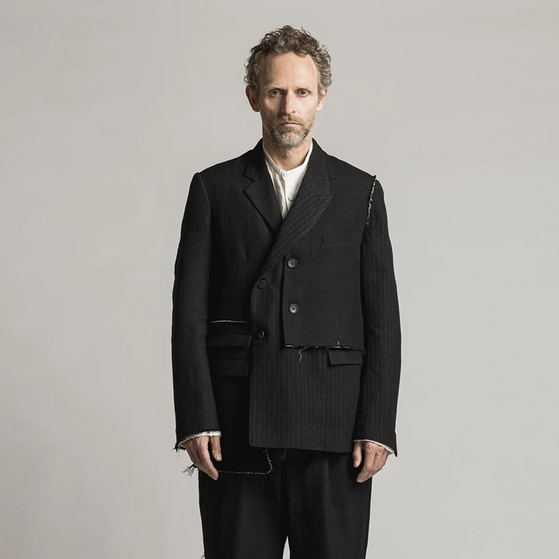 

YOJI OOAK японский оригинальный темный шерстяной пиджак со свободной спинкой и белой строчкой