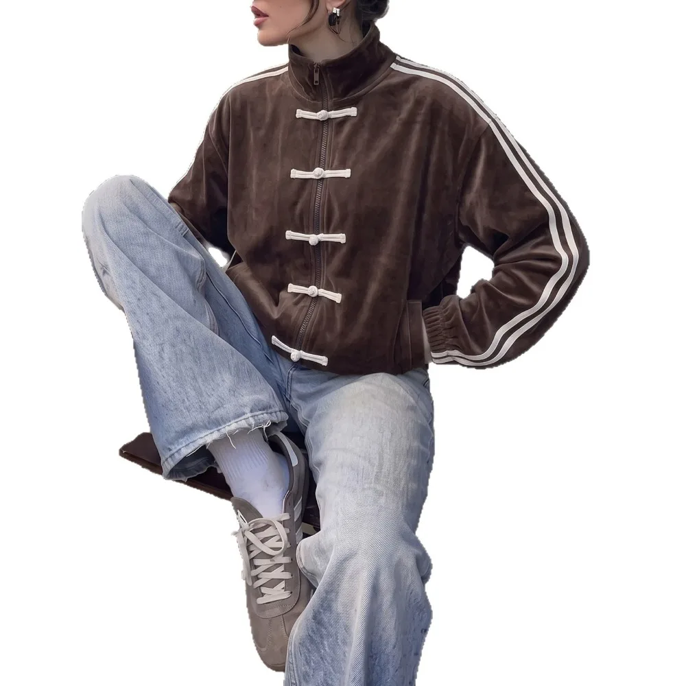 New Chinese Buckle Sports Coat Women's Retro Stand-up Collar Zipper Short Jacket Side Striped Top Women's Clothing Fashion