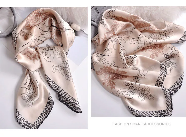 Luxus Apricot Print 70*70cm Seide Quadrat Schal Frauen Weiche Satin Haarband Halstuch Krawatte Weibliche Stirnband Foulard Tasche band Geschenk – Detail 4