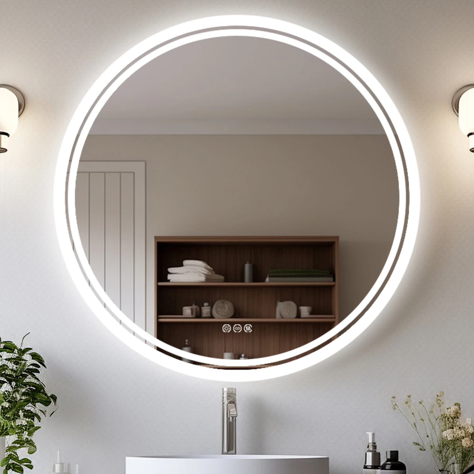 

LED Bathroom Mirror Round 600/800mm Illuminated Dimmable Backlit Lighted Wall Vanity Mirror Anti-fog Smart Makeup Shaving Mirror