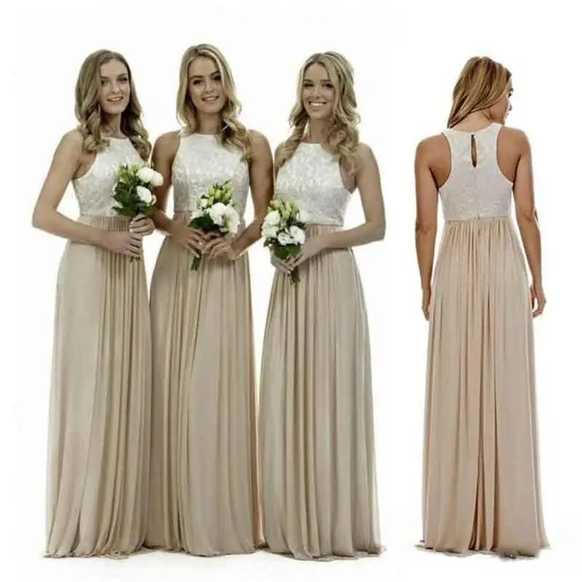 

New Champagne Bridesmaid Dresses A Line Scoop Sleeveless Floor-Length Lace Chiffon long Wedding Party Events