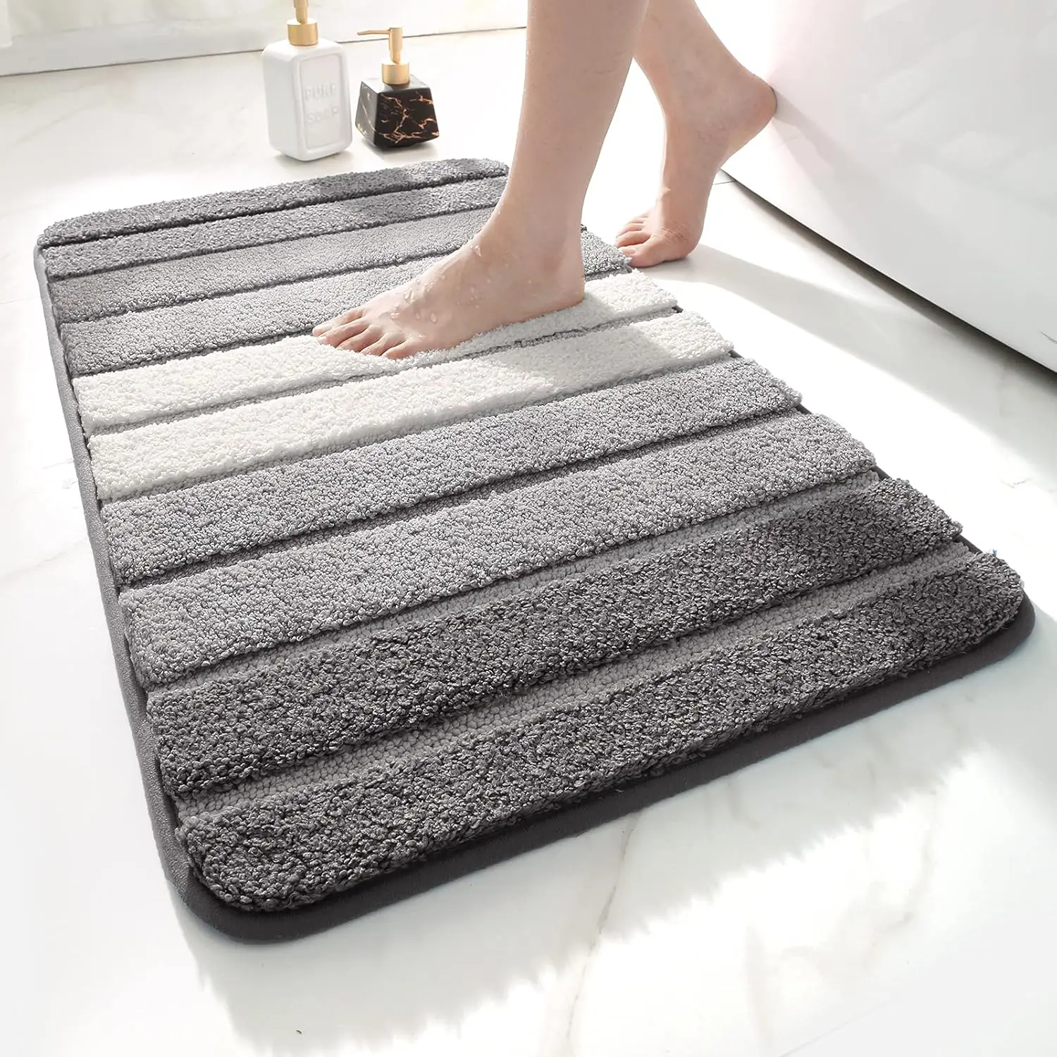 Striped Microfiber Bath Mat 50×80CM & 40×50CM Absorbent Carpet Set Non-Slip Washable Toilet Rugs for Shower Floor Bathroom Mats