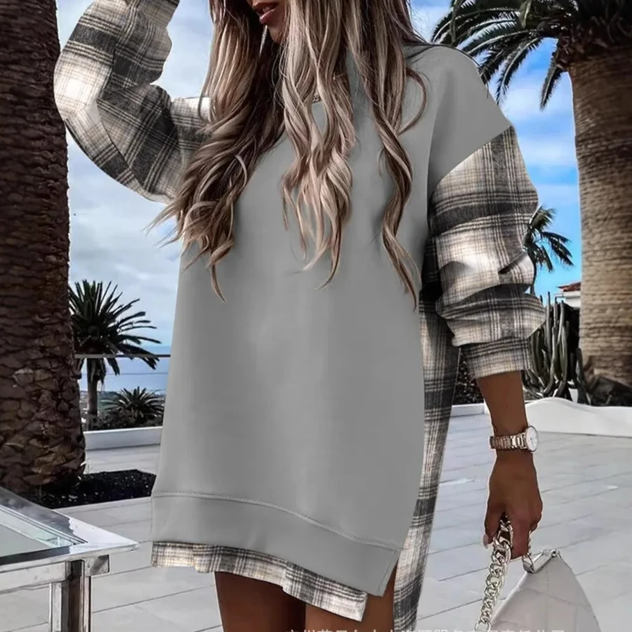 

Sweatshirts Women Tops Round Neck Hoodies Y2k Streetwear Punk Elegant Splice Mid Length Top Loose Causal Autumn Winter 2025