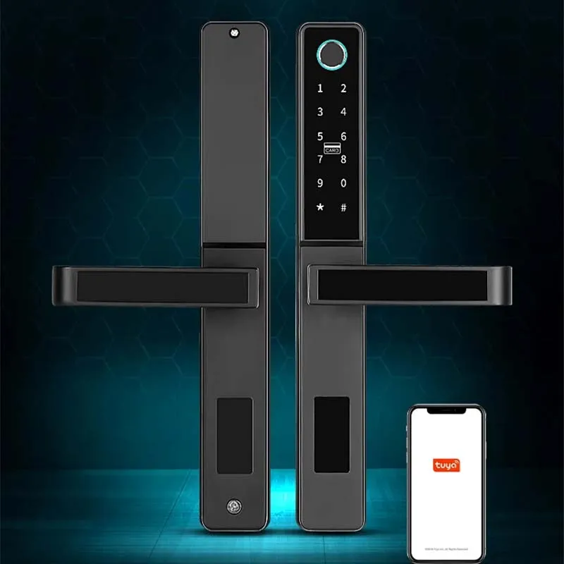 Tuya WiFi App Smart Door Lock Aluminum Biometric lock fingerprint door handle Digital Keyless lock for Glass Sliding or Wooden