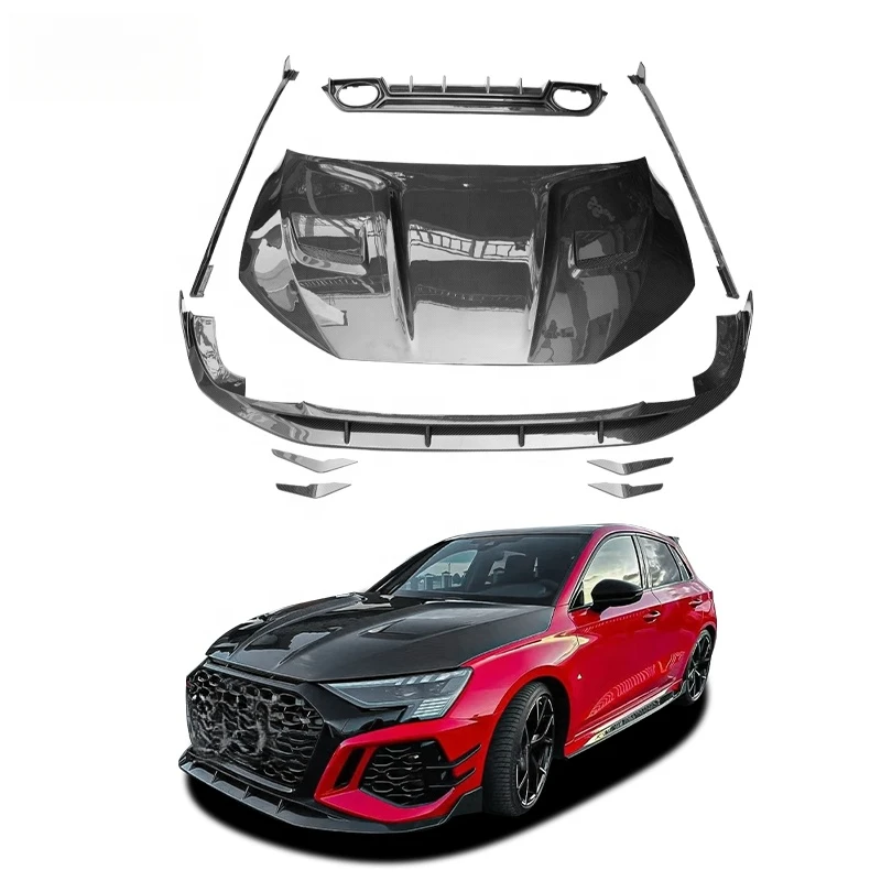 High Quality PAK Style Dry Carbon Fiber Full Body Kit Fit For RS3 8Y Front Lip Side Skirts Rear Diffuser Wing Upgrade Parts