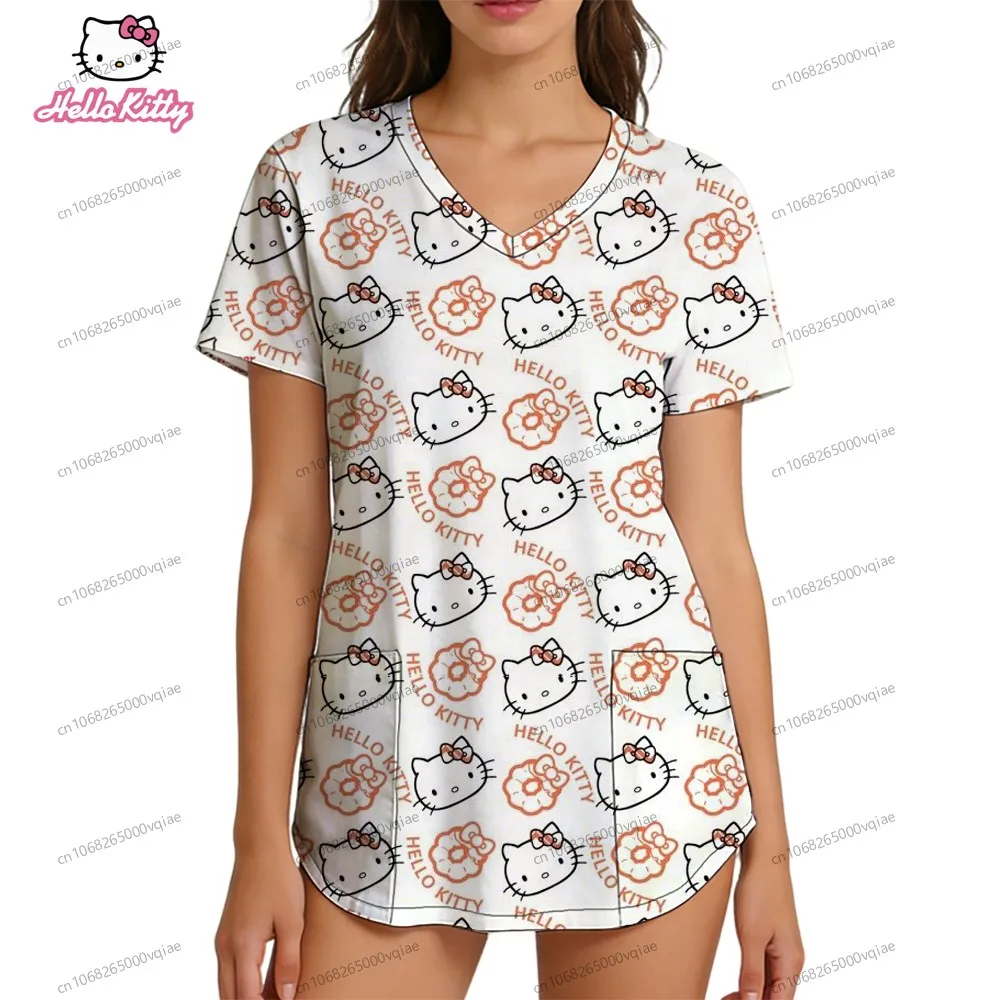 

Hello Kitty 2026 Women's T-shirt Harajuku Fashion Nurse Uniform V Neck T Shirt Summer Cute Tops Pocket Woman Clothes Tees New