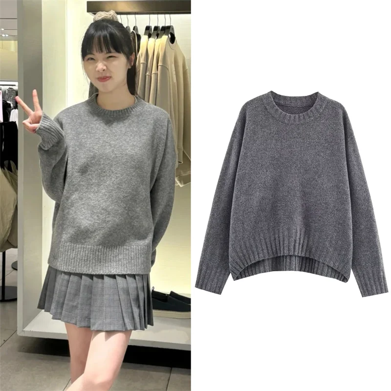 

Женский топ, новый стиль на осень 2024, серый пуловер в рубчик с длинными рукавами и круглым вырезом, вязаный топ, повседневный и модный, простой