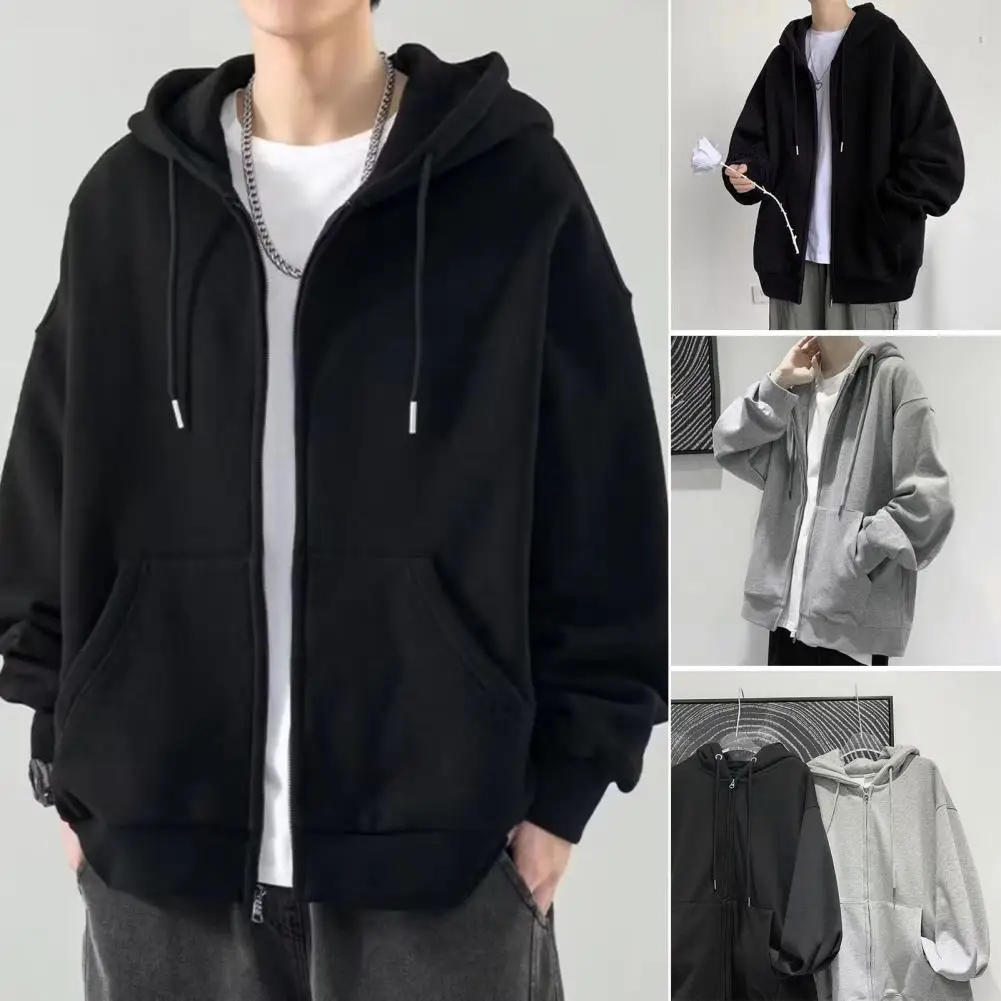 Zipper Jacket Men\'s Fall Winter Hoodie Zip-up Cardigan with Drawstring Pockets Hood Plus Size Casual Coat for Daily Wear Casual