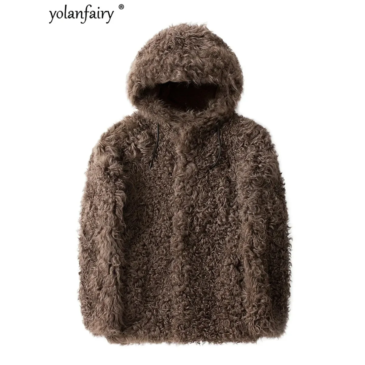 YOLANFAIRY Real Fur Caot Men Winter Sheep Shearling Jacket Man Hooded Natural Wool Fur Coats High Quality Men's Fur Coat 19345