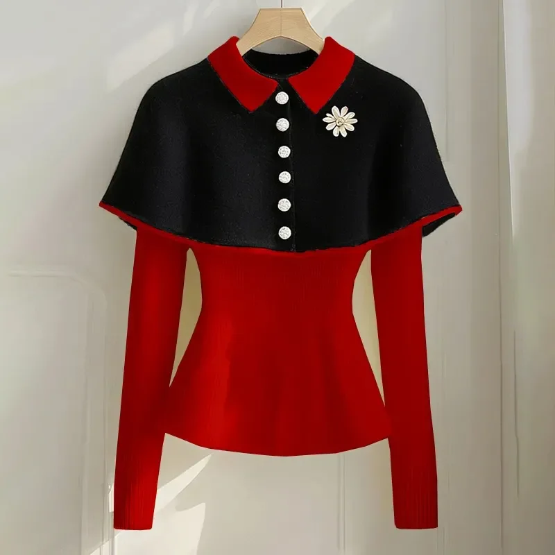 

2025 Spring Autumn Slim Long-Sleeved Shawl Cape Short Sweater Tops Contrast Color Knitted Pullover Sweater Women's Outer Wear