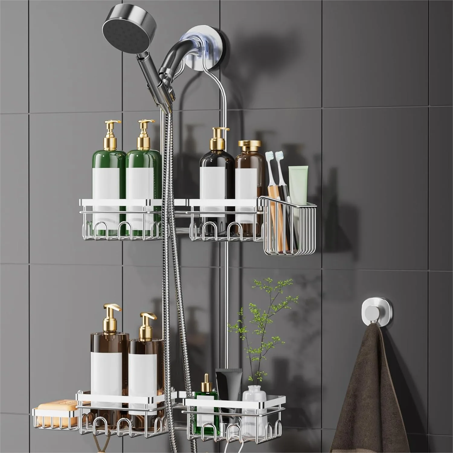 

Shower Caddy Hanging for 0.82" Shower Head, 5-in-1 Bath Organizer with Shelves, Soap Holder, Toothbrush Holder & Suction Hook