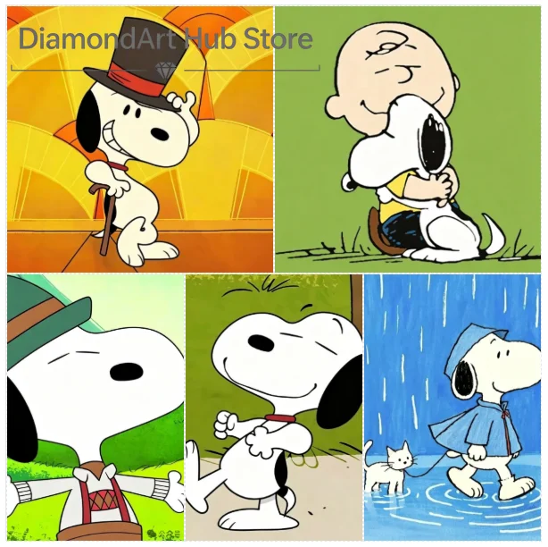 5D DIY Diamond Painting Snoopy Cartoon, Top Hat Cane, Charlie Brown Hug, Lederhosen, Raincoat Cat, Kawaii Mosaic Wall Decor
