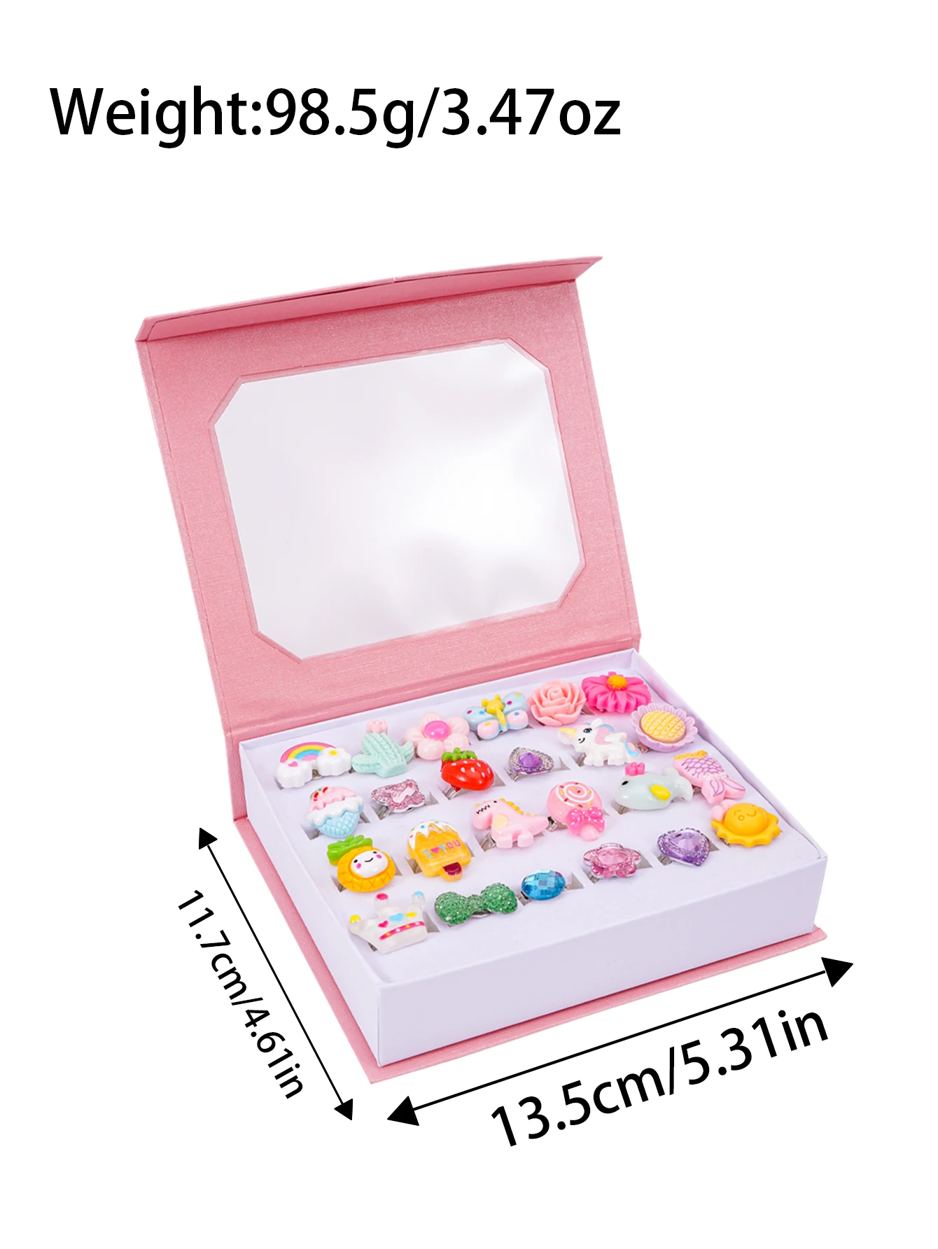 24Pcs Kids Adjustable Cartoon Ring Set, Cute Unicorn Flower Fruit Rainbow & Gem Design Plastic Rings with Gift Box Little Girls