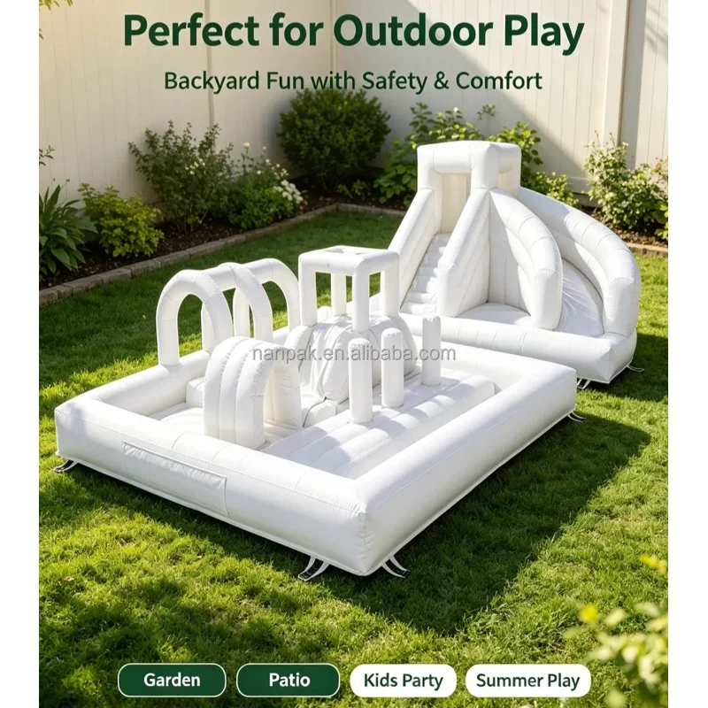 Custom White Inflatable Obstacle Course with Slide & Ball Pit Bouncy Castle Indoor/outdoor Playground for Party Birthday Hire
