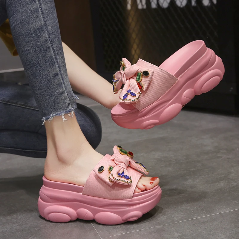 Shoes Woman 2024 Glitter Slides Slippers Casual Platform Heeled Mules Pantofle Butterfly-Knot Jelly Luxury High New Flat Fashion