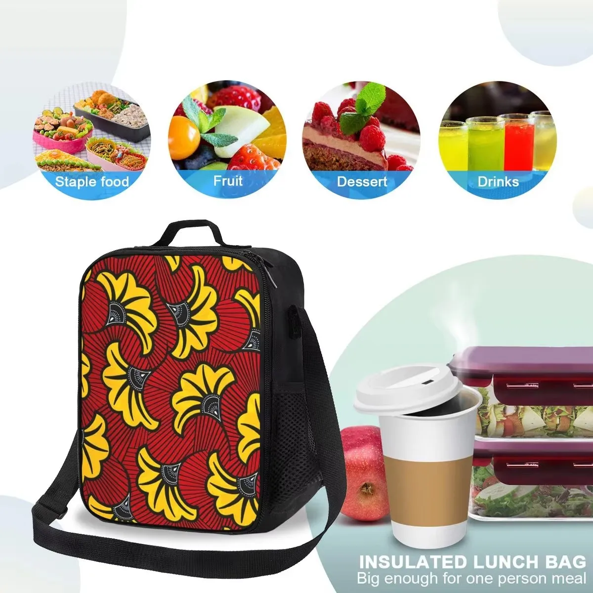 African Ankara Wax Print Lunch Bags Insulated Bento Box Waterproof Lunch Tote Leakproof Picnic Bags Cooler Bag Student Travel