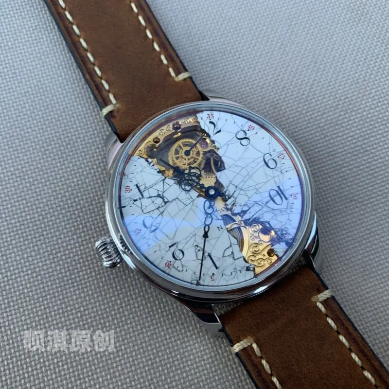 Retro Style Automatic Mechanical Watch Handmade Original Personality Niche Damaged Dial Leather Strap Watch