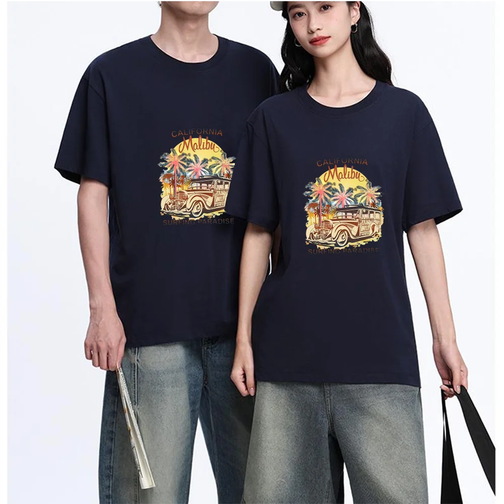 California Malibu Surfing Paradise Vintage Retro Car Palm Tree Graphic Printed T Shirt Breathable Fabric Unisex Fit Personalized
