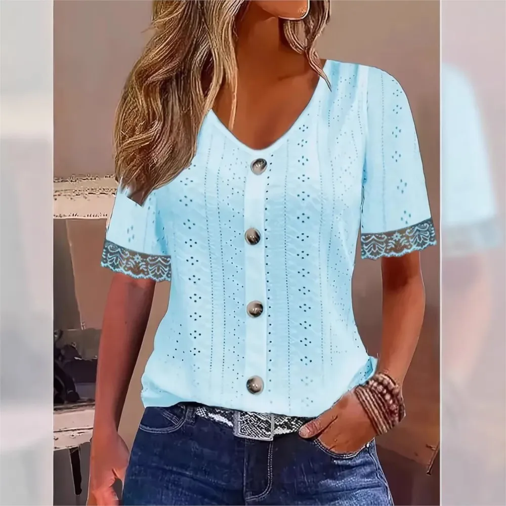 2026 T Shirt Tees Short Sleeve Top Blusas Women's Clothing Commuting Casual Solid Color Hollow Out Lace Patchwork V-link Buttons