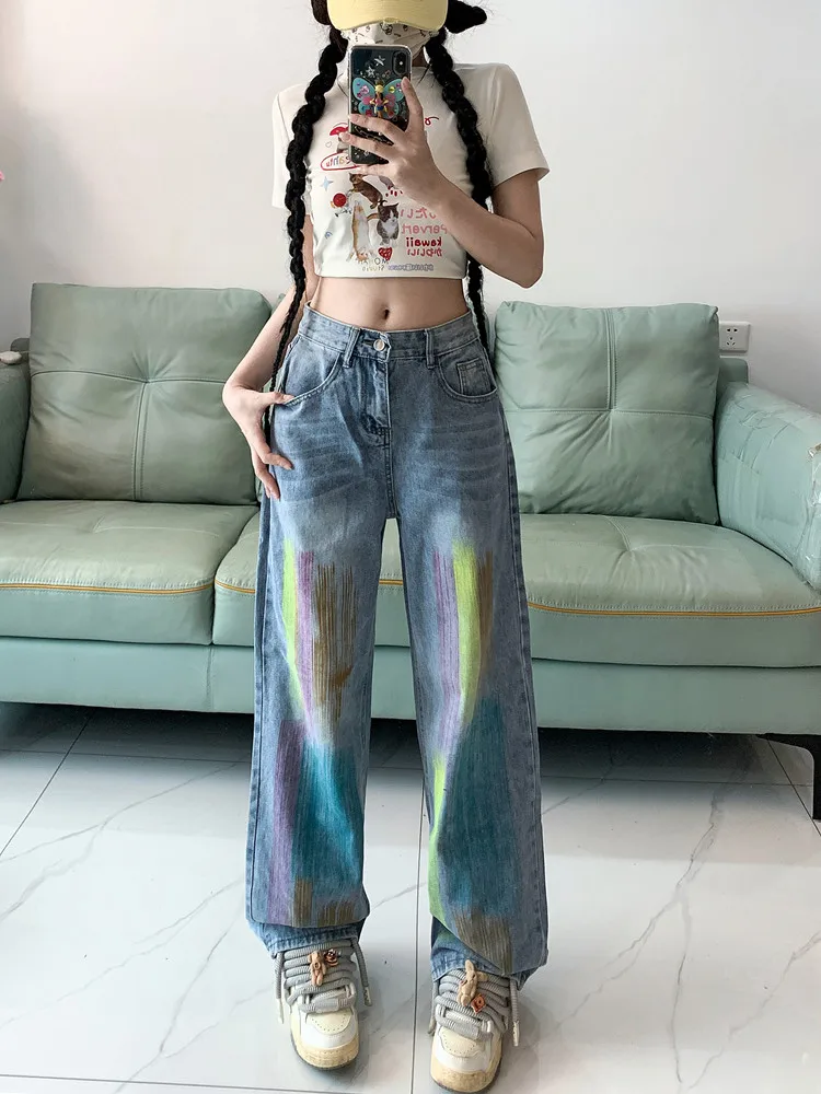 Women's Y2k Graffiti Jeans Harajuku 90s Denim Trousers Korean Women Pants Vintage 2000s Trashy Clothes fashion summer