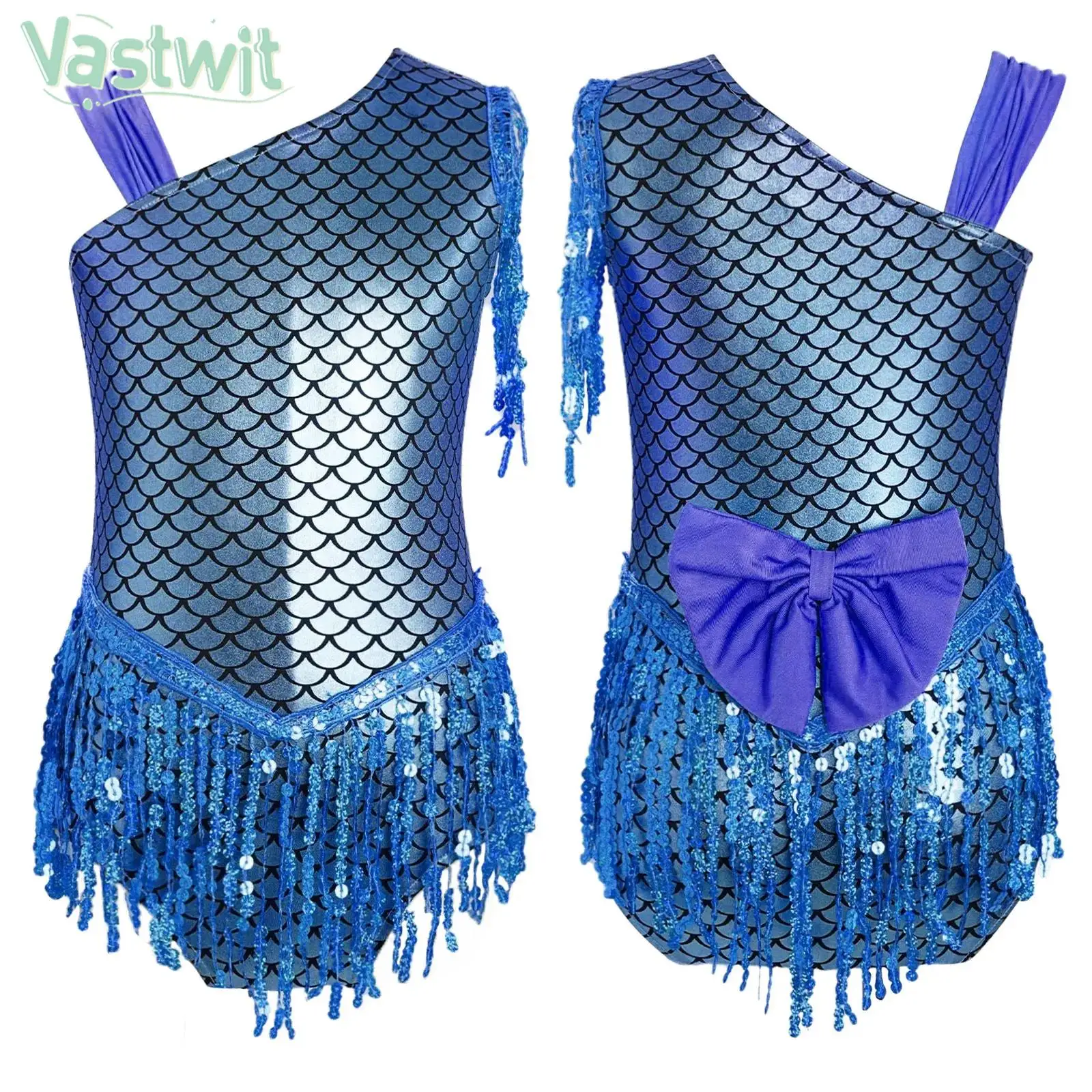 

Girls Shiny Fish Scale Sequin Tassel Leotard Ballet Dance Gymnastics Skating Bodysuit Halloween Party Mermaid Cosplay Costume