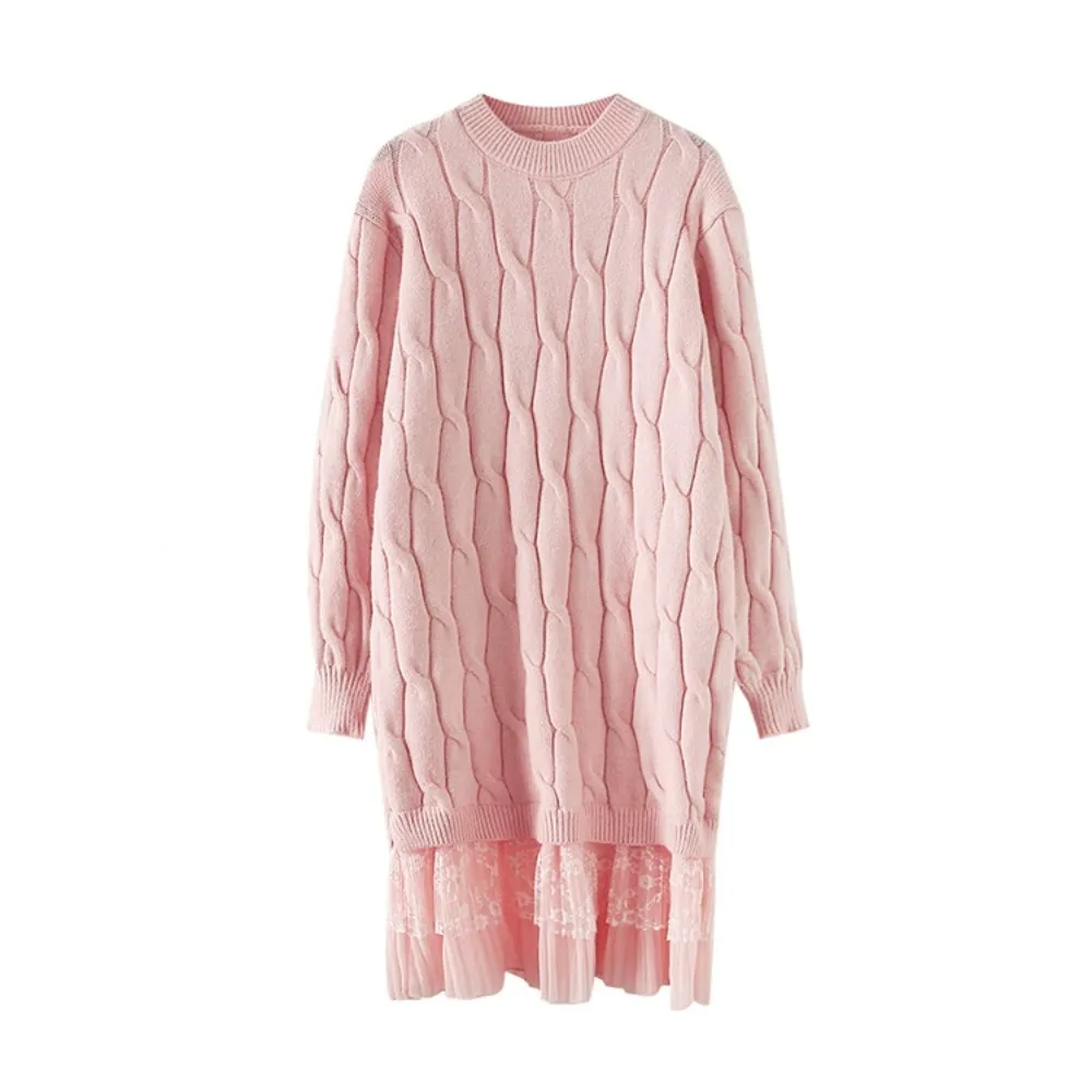 Vestido grueso de punto por debajo de la rodilla de encaje para mujer, suéter coreano cálido, Vestidos de punto de manga larga, nueva bata de otoño e invierno