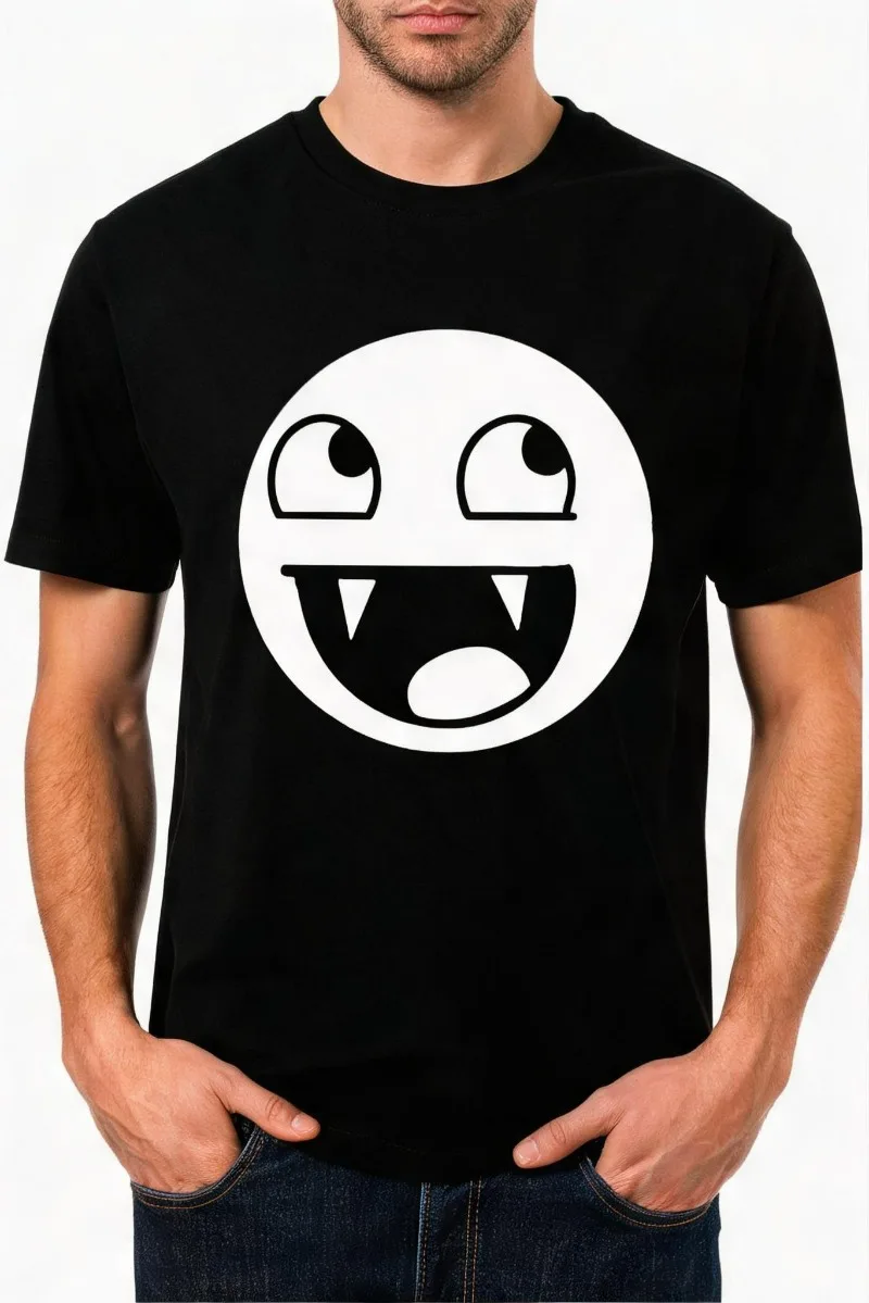 Cute Monster Fangs Smile Face Print Men 100% Cotton Casual Top Cartoon Funny Expression Round Neck Male Short Sleeve Top