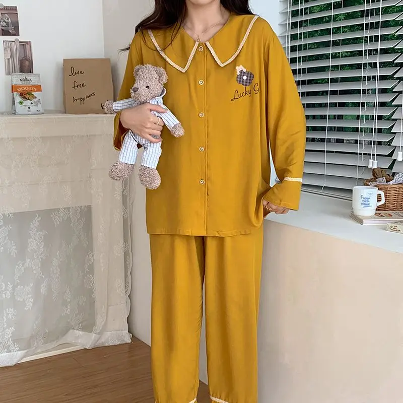Long Sleeve Doll Collar Poplin Sleepwear Women's Spring Autumn Thin Loose Casual Homewear Suit Sweet Cute Student Pajamas Set