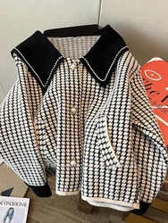 Jmprs Chic Sailor Collar Plaid Jackets Women Sweet Long Sleeve Korean Loose Coats Fashion Diamonds Elegant Female Design Tops