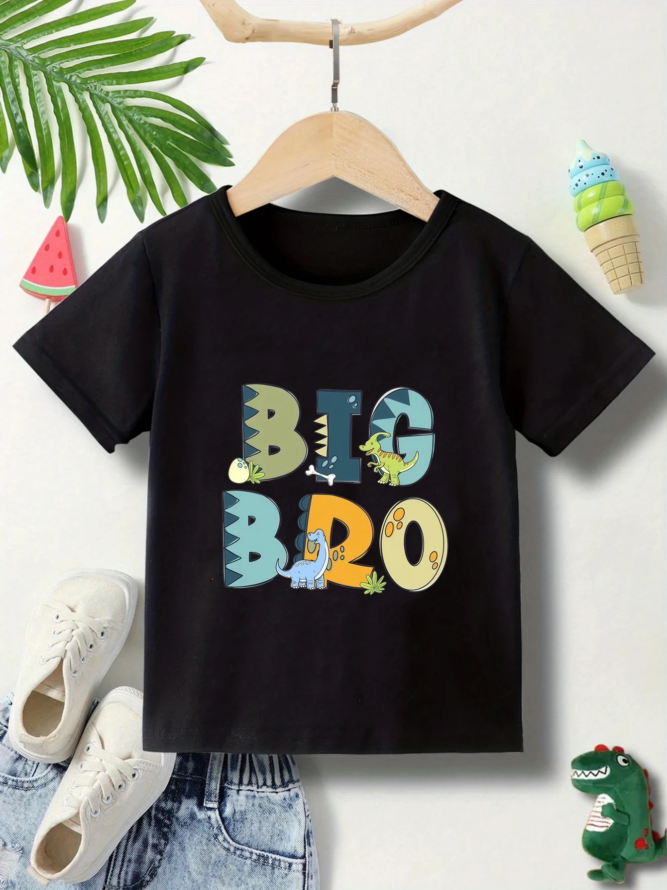 New Dinosaur Font Big and Little Brother Letter Print Family T-Shirt – Boys Summer Harajuku Casual Short Sleeve T-Shirt Tops