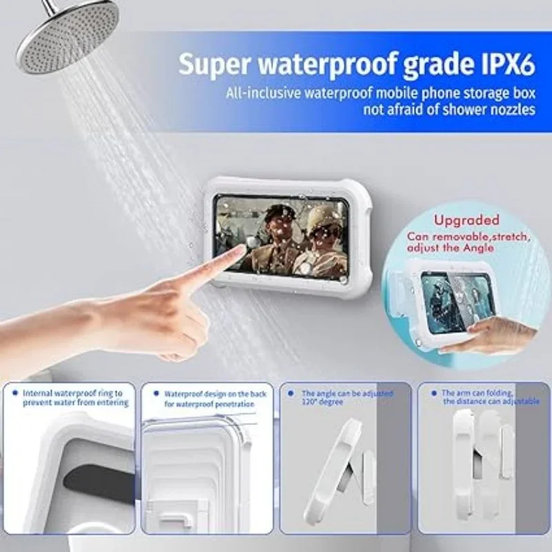 SHOWER PHONE HOLDER WATERPROOF CASE Waterproof 360° Rotating Anti-fog Touch Wall Mount Phone Holder Retractable Sealed PhoneCase