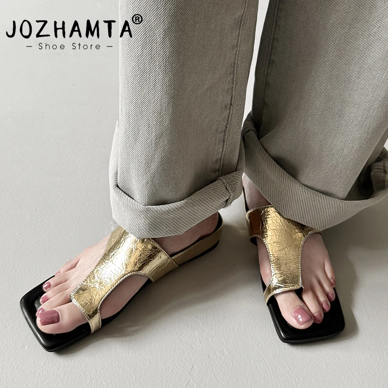 JOZHAMTA Size 34-39 Women Wedges Slides Sandals Real Leather Flip Flops Mid Heels Summer Shoes 2025 Casual Daily Home Slippers