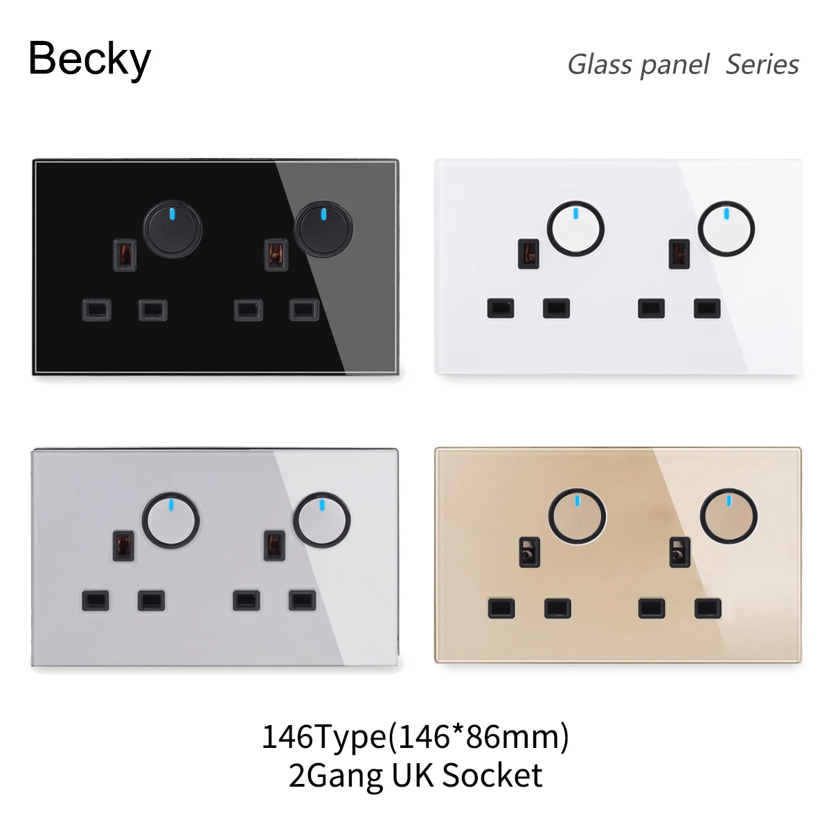 146 13a Round Reset Button Switch Tempered Glass Panel UK Socket Switch Combination 2Gang2Way Office Home Villa Hotel Decoration