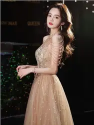2026 Champagne Gold Celebrity Dress Halter A-line Floor-length Tassel Sleeve Party Night Sparkly Sequin Beaded Evening Gown New