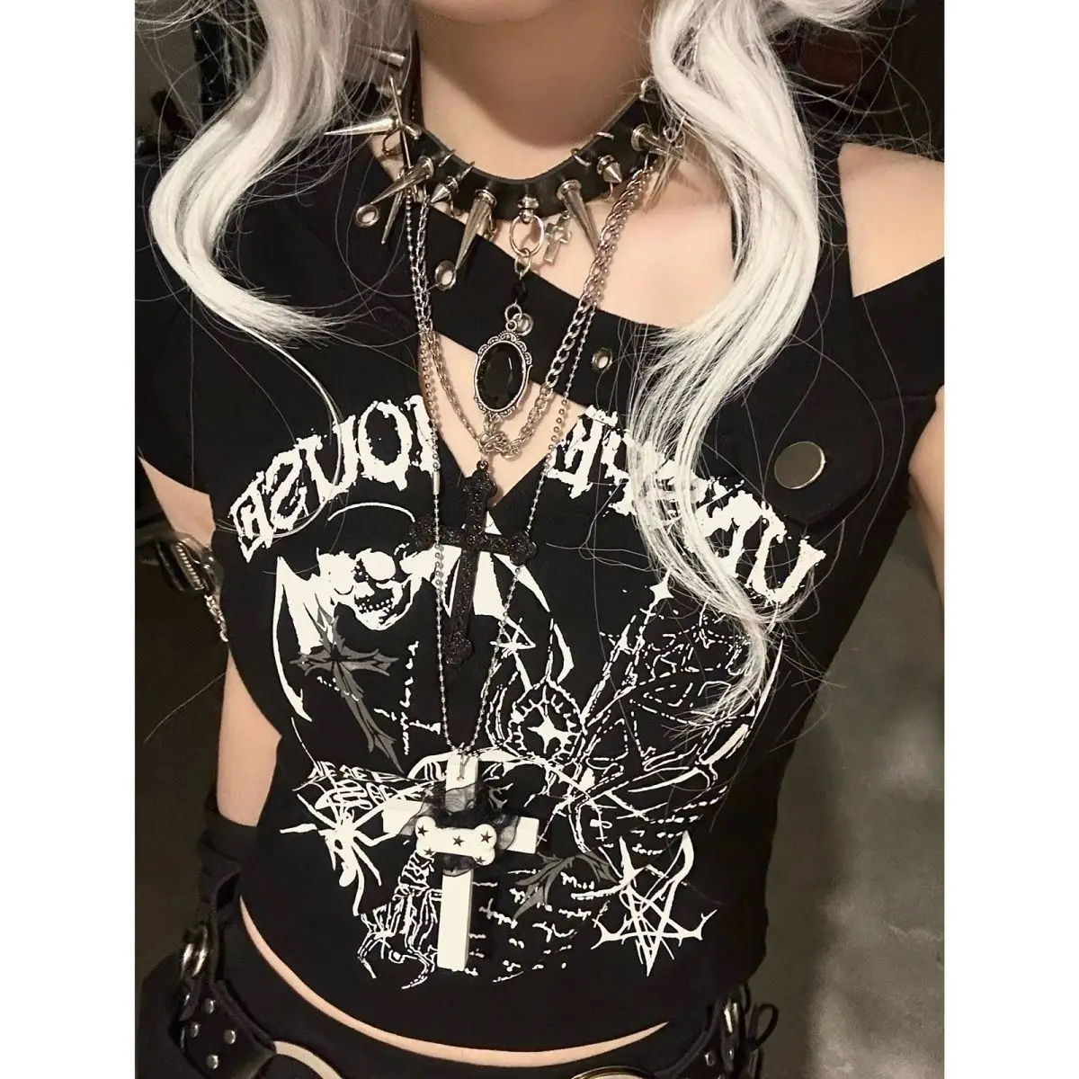 Summer Punk Subculture Gothic Style Dark Skull Printed Strap Tank Top Spicy Girl Slim Skew Collar T-shirt Women Short y2k Top