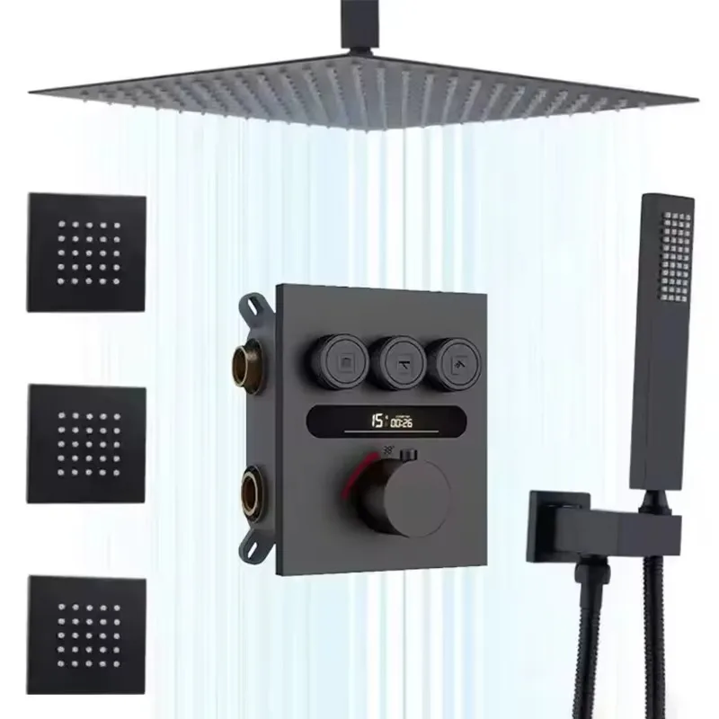 

Черный термостатический смеситель для ванной комнаты, ванная комната, постоянная температура, цифровой дисплей, душевые системы, душевые наборы с форсунками для тела
