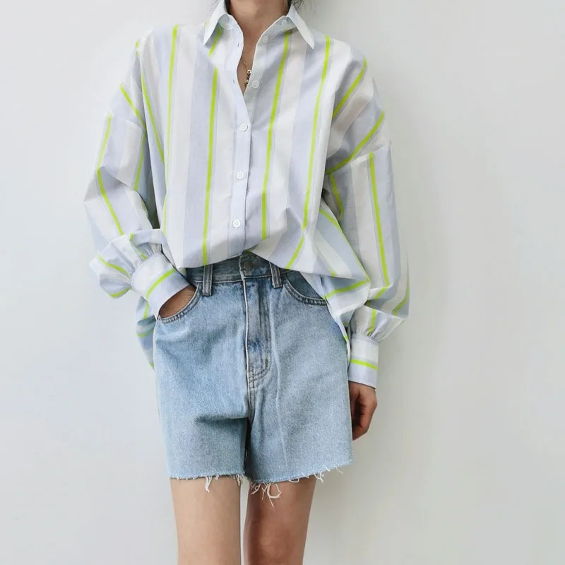 

New Casual Versatile Thin Fluorescent Striped Printed Heavy Silk Shirt Long-sleeved Loose Medium-length Women Tops