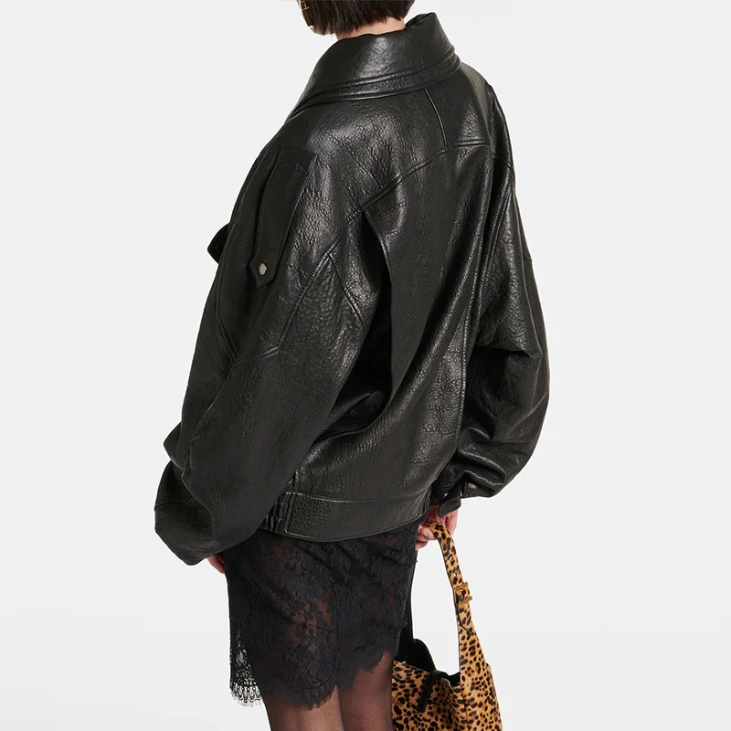 New Women Autumn Winter Sheepskin Vintage-Style Stand-Collar Biker Jacket Genuine Leather Moto Coat Genuine Leather Jacket Women