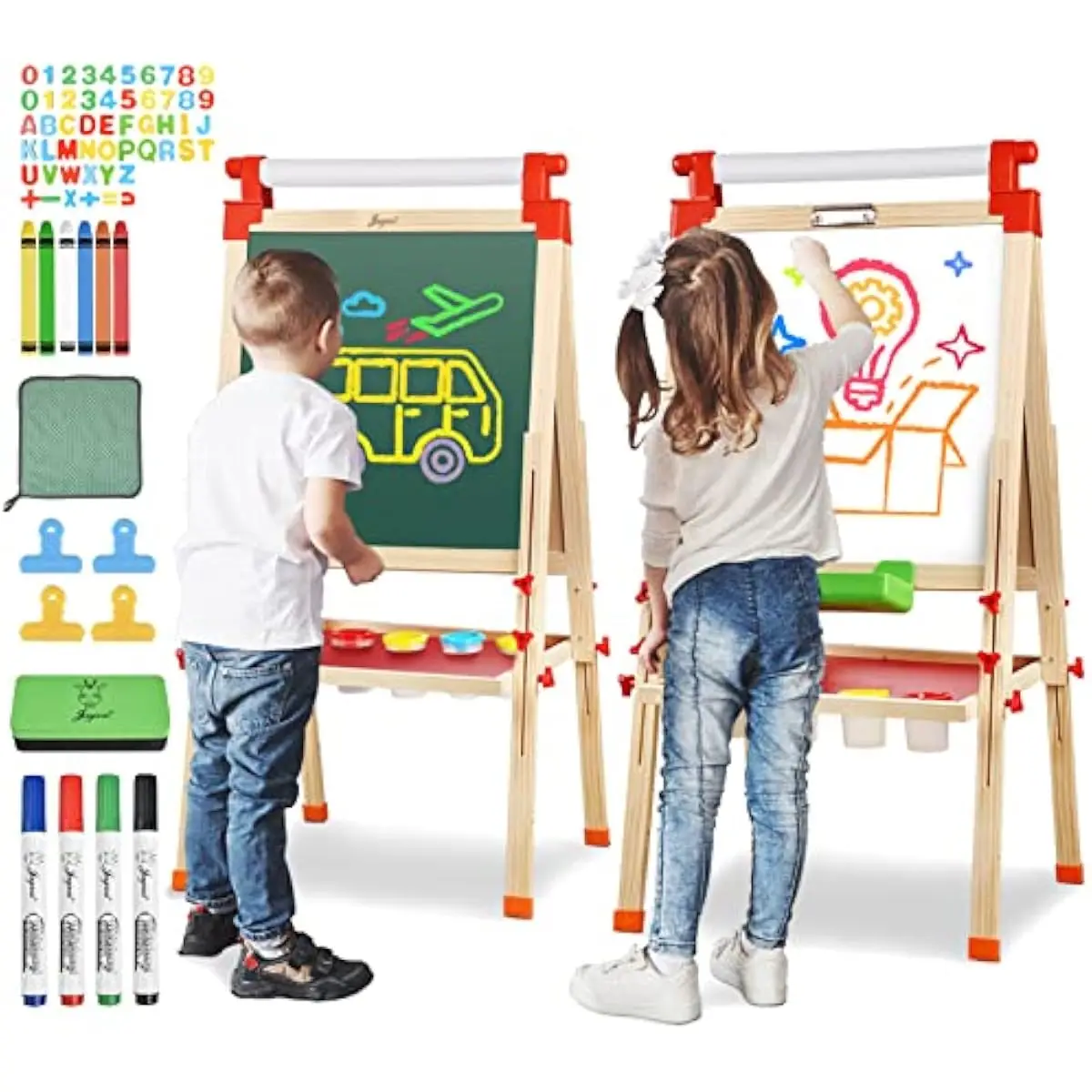 Wooden Adjustable Easel for Children Featuring Dual Writable Surfaces One Side Magnetic Whiteboard for Dry Markers One Side Clas
