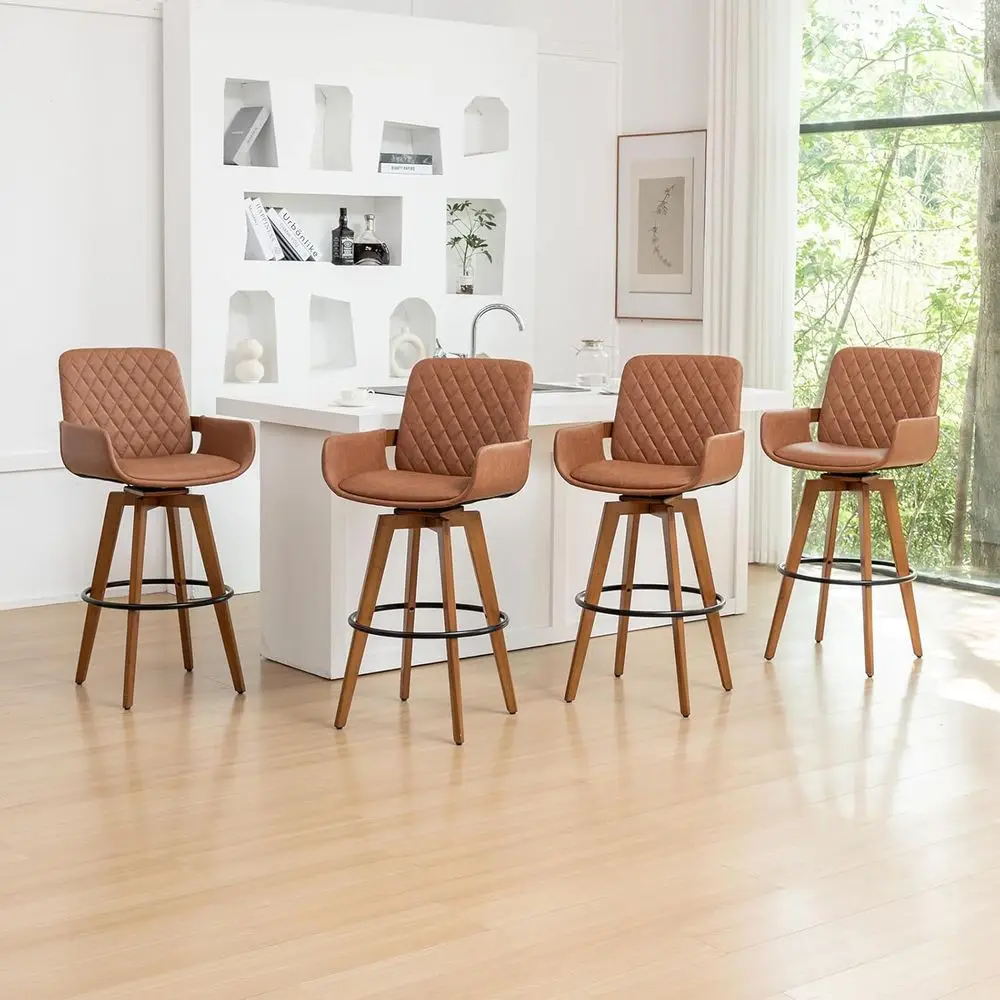 

Set of 4 30 Inch Swivel Bar Stools with Upholstered PU Leather, Arms, and Back, Suitable for Home Bar/Pub/Cafe, Light Brown