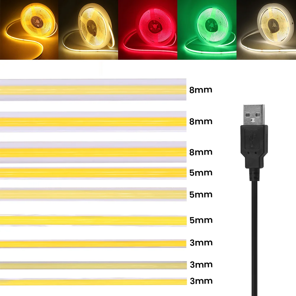 DC5V USB COB Strip 3mm 5mm 8mm 320Leds/M Flexible Ribbon FOB LED Light Bar White/Red/Green/Ice Blue/Pink LED Tape TV Backlight