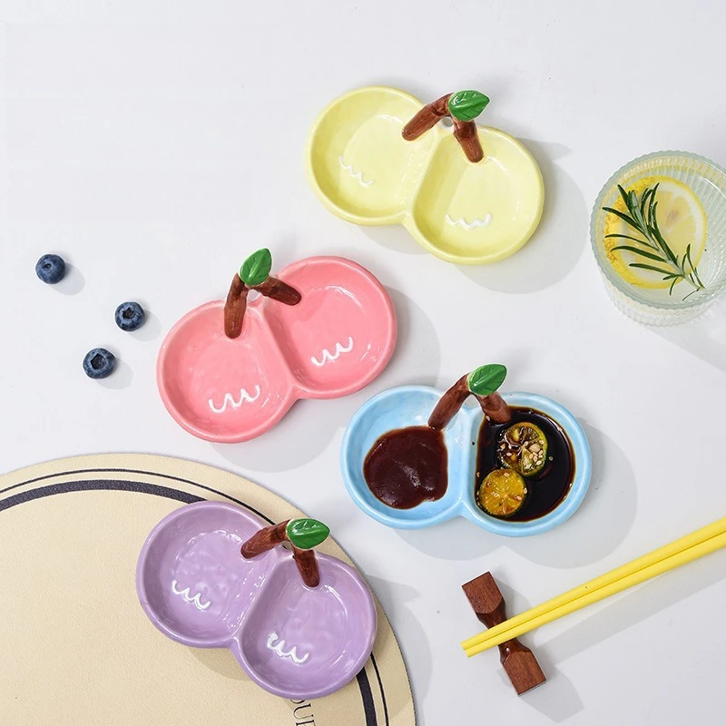

Hand-painted Relief Ceramic Seasoning Dish Multi-function Sauce Vinegar Plates Household Tableware Creative Cherry Shape Dish