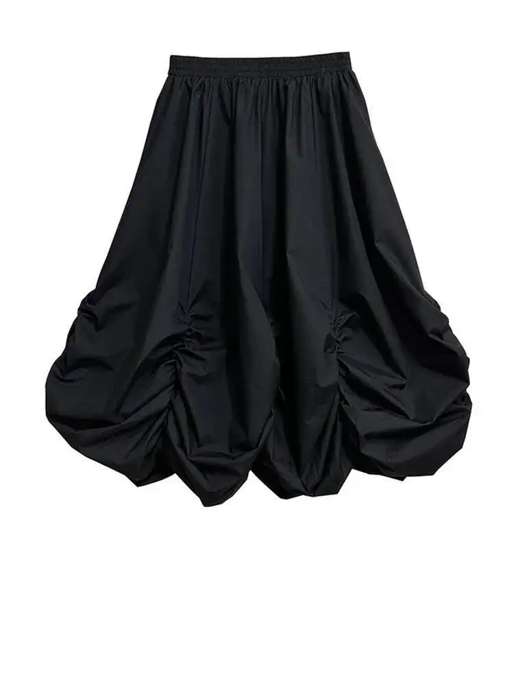 Elastic Black High Waist Pleated Irregular Shaped A-line Half-body Skirt Women Fashion New Spring Autumn 2026 1DHIKI
