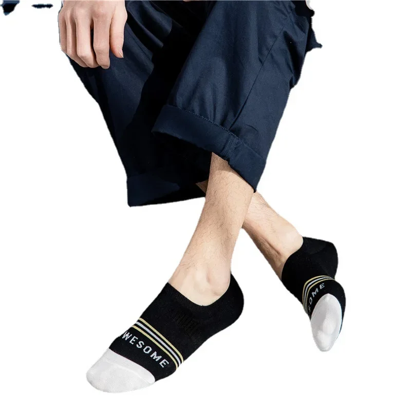 Calcetines invisibles de silicona antideslizantes para hombre, medias de corte bajo, Base fina de algodón puro, color blanco y negro, 5PR, primavera y otoño, Verano